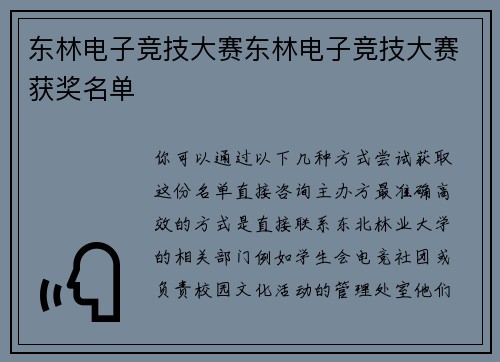 东林电子竞技大赛东林电子竞技大赛获奖名单
